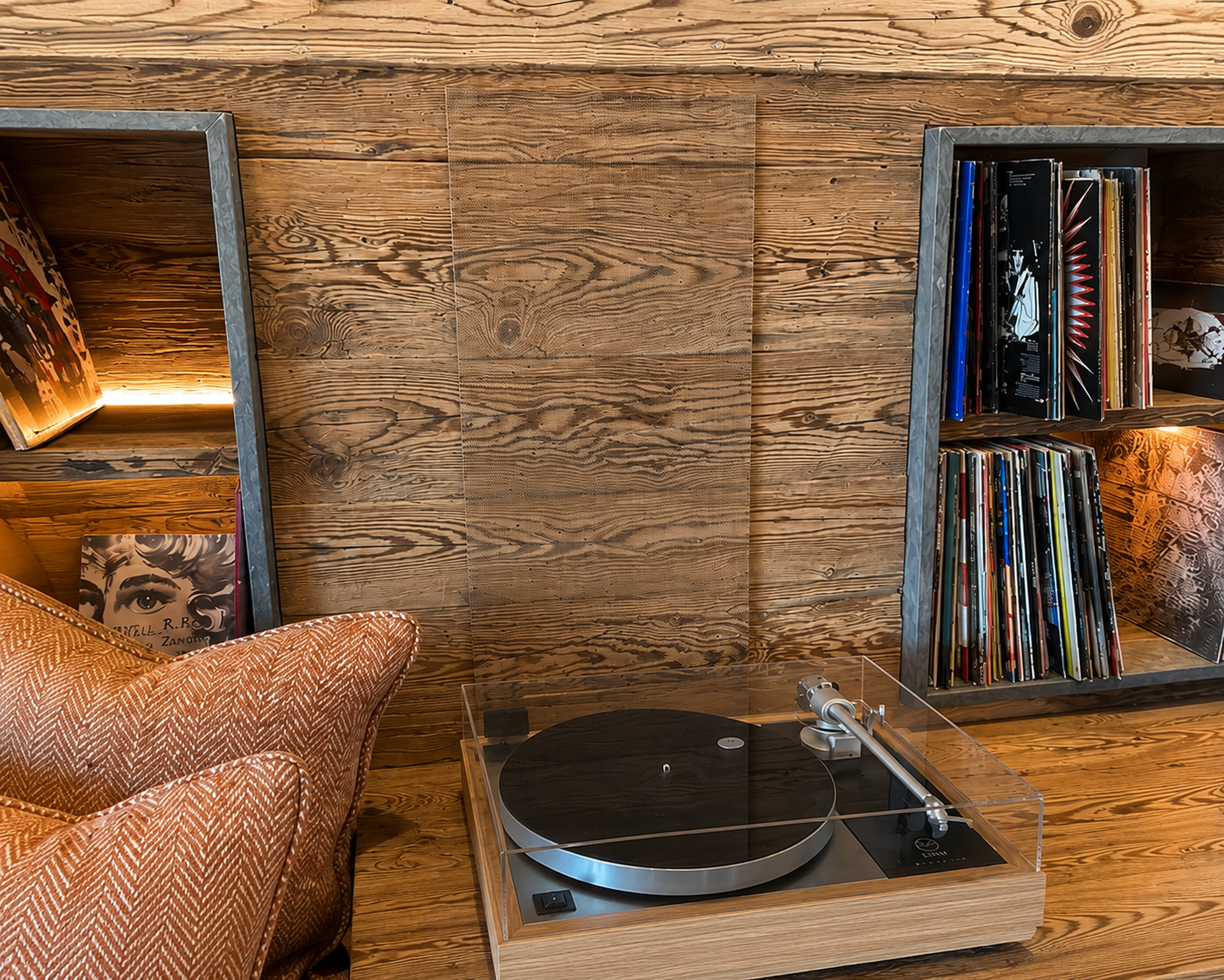 Intégration technique décorative d'un cache de haut-parleur en imitation bois dans un chalet de luxe à Verbier.